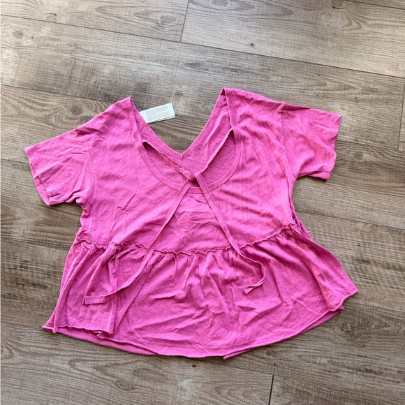 American Eagle Outfitters Hot Pink V-Neck Strappy Peplum Top - Picture 2 of 3